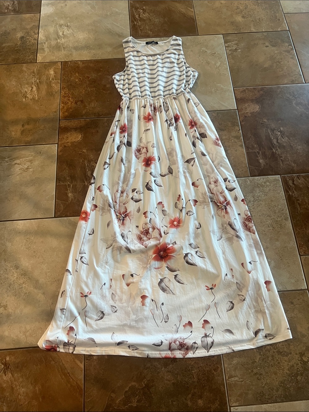 Simple White Striped Bodice Floral Maxi Dress with Pink Accents